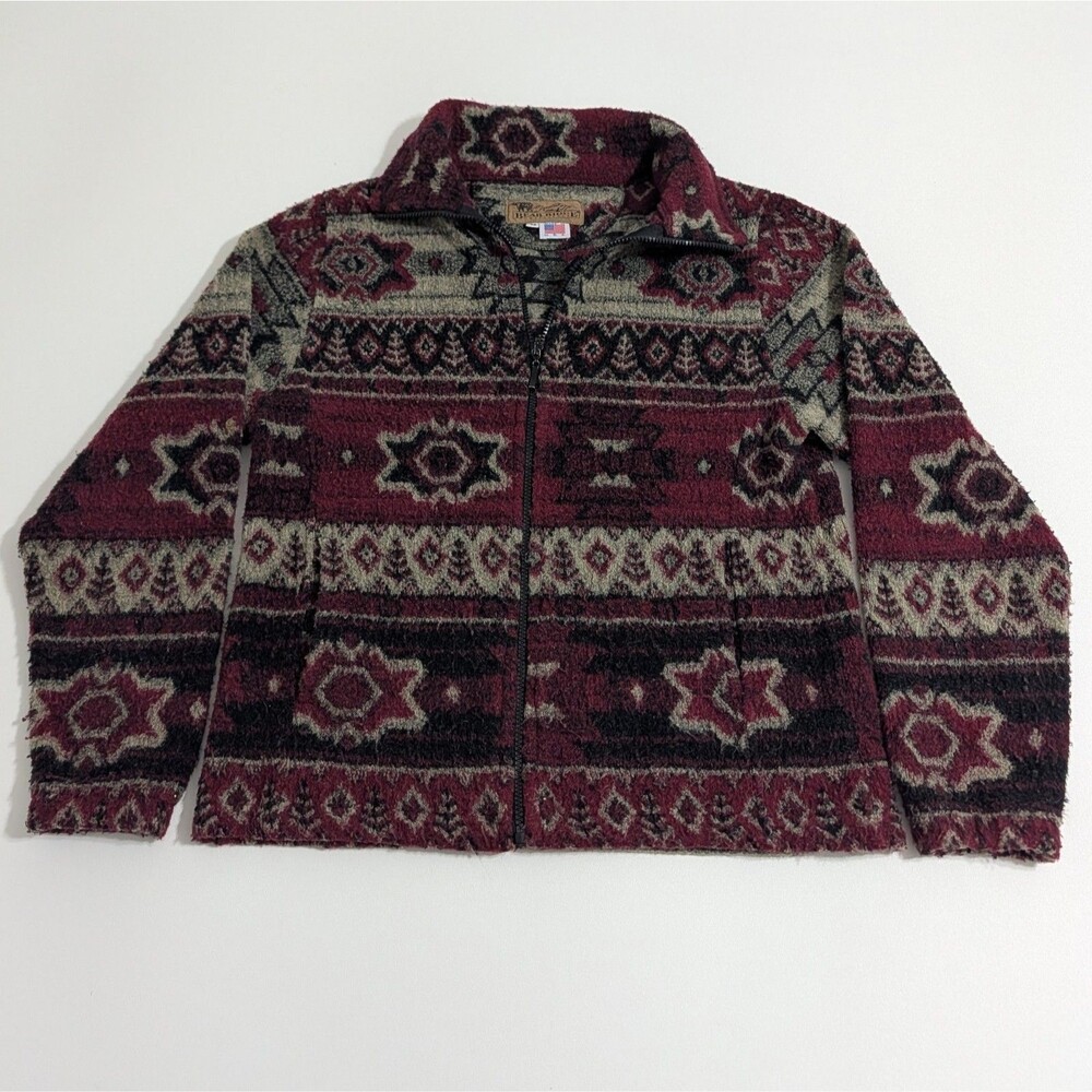 Bear Ridge Outfitters Fleece Jacket Made USA Southwestern Tribal Maroon Red M
